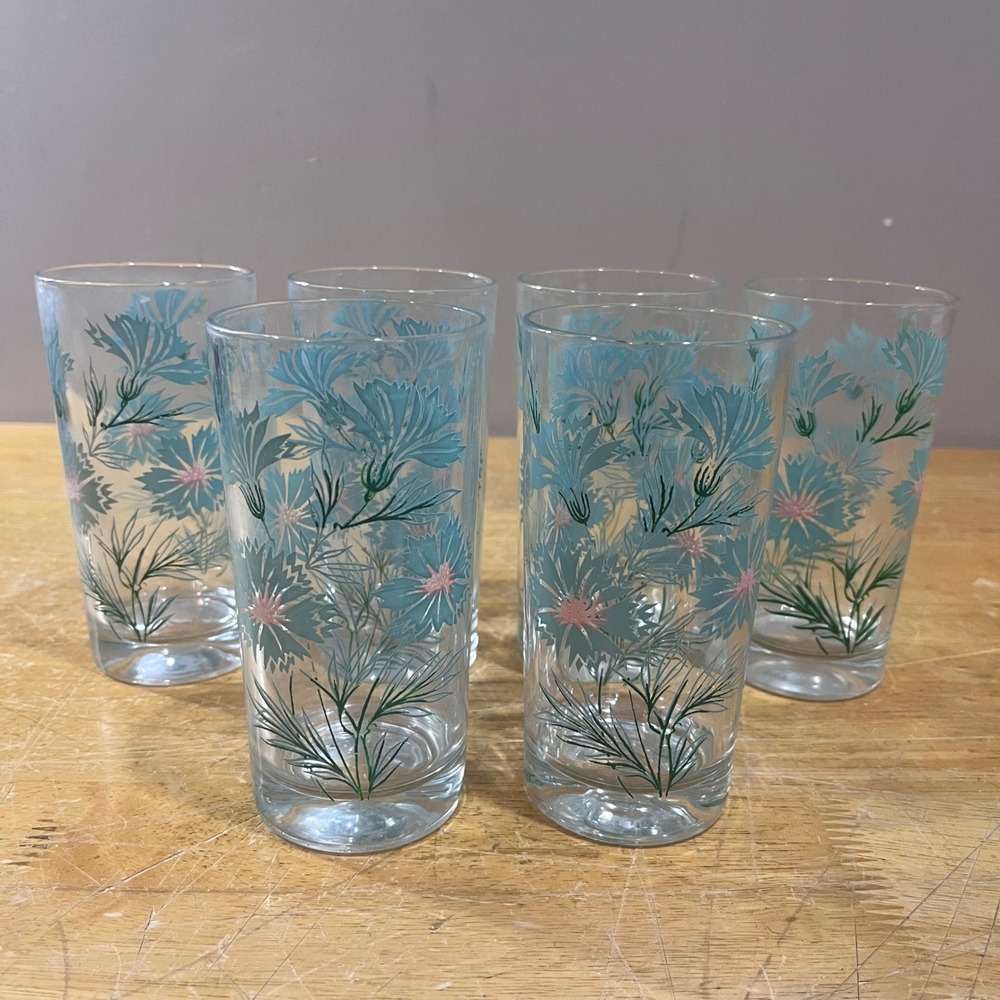 Vtg Taylor Smith & Taylor Ever Yours Teal Floral Glass 5.5" Tumblers Set of 6